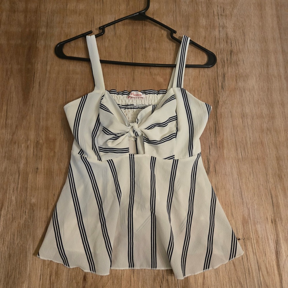 Vivace Striped Tie Front Cami Top White Navy Blue Smocked Back Small Nautical